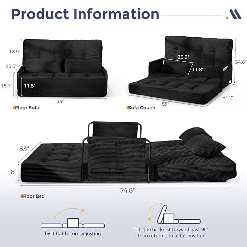 MAXYOYO Adjustable Folding Sofa Bed Couch with 2 Pillows, Black | Multi-Functional Bean Bag Bed, 5-Position Foldable Lazy Floor Sofa Bed with Armrest, Versatile Floor Seating for Reading thumbnail 2