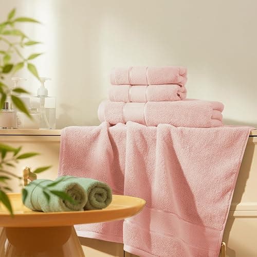 Marvione Bath Towels Set 6 Piece, 100% Turkish Cotton Highly Absorbent and Soft Towels for Bathroom 2 Bath Towels 2 Hand Towels 2 Washcloths, Pink thumbnail 5