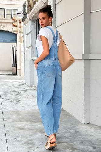 PLNOTME Womens Denim Bib Overalls Barrel Leg Adjustable Strap Jean Pants Jumpsuits with Pockets thumbnail 3