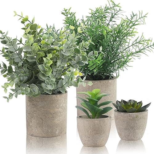 ALAGIRLS 4 Packs Fake Plants Small Artificial Plants Indoor Eucalyptus Rosemary Succulents Plants Potted Faux Plants for Home Indoor Office Bathroom Living Room Decor - Eucalyptus