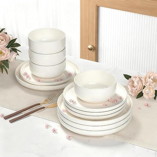 Plates and Bowls Sets, Dinnerware Sets for 4, 12 Pieces Scratch Resistant Dishware Dishes Set, Ceramic Kitchen Dinner Set, Porcelain & Microwave and Dishwasher Safe, Cream White thumbnail 2