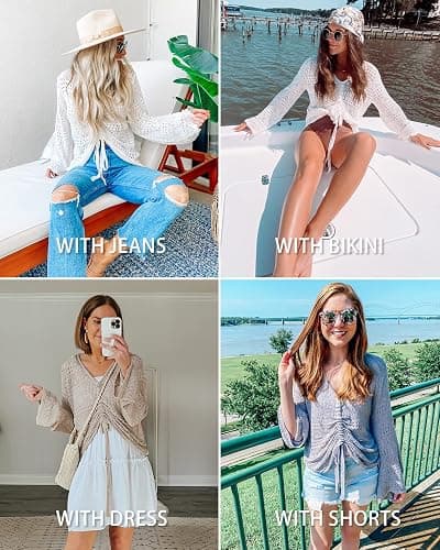Saodimallsu Womens Boho Off Shoulder Sheer Crop Tops Crochet Flowy Sweaters | Boho Tops, Off Shoulder, Sheer Crop Tops, Bell Sleeve, Flowy Tops, Oversized, Crochet Sweaters, Ruched Pullover thumbnail 5