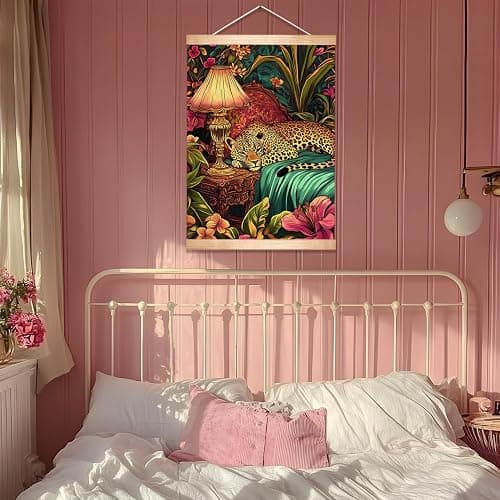 HEYJEEPER Cheetah Wall Art, Retro Jungle Aesthetic Linen Canvas Poster with Pink Mid-Century Vibes, Vintage Inspired Animal Portrait for Eclectic Decor in Living Room Bedroom or Office18.5x14Inch (Pink-Leopard02) thumbnail 2