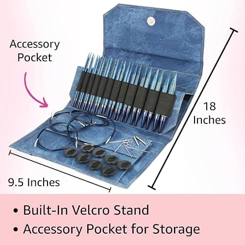 Lykke Indigo 5 in. Complete Set US 4, 5, 6, 7, 8, 9, 10, 10.5, 11, 13, 15, 17 Interchangeable Circ. Knitting Needles for DK, Worsted, Super Chunky Yarn, Birch, 5 Cords, Azure DM Case, Project Bag thumbnail 4