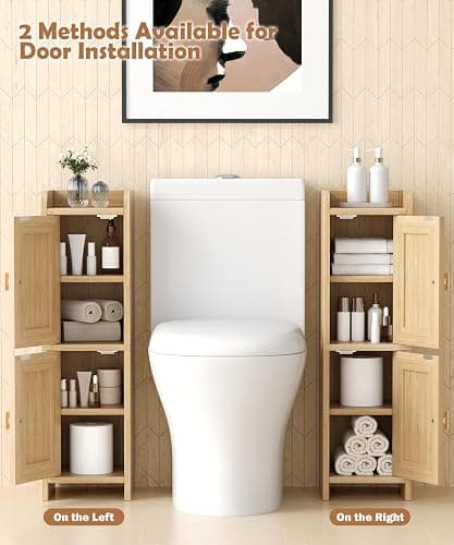 Akxomel Rattan Small Bathroom Cabinet with 2 Doors, 7.9''D x 7.9''W Narrow Toilet Paper Storage Cabinet, Bathroom Organizer for Small Spaces, Wooden Slim Corner Unit with Adjustable Shelf, Natural Oak thumbnail 4