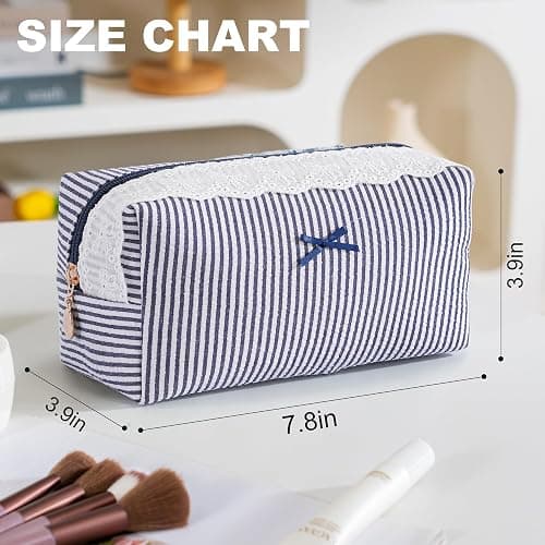 UUYUUY Makeup Bag Travel Toiletry Bag for Women, Small Cosmetic Bags with Lace Trim Cute Navy Stripe Aesthetic Organizer Makeup Pouch for Purse Emergency Bag for School Pencil Case Accessory Bag thumbnail 5