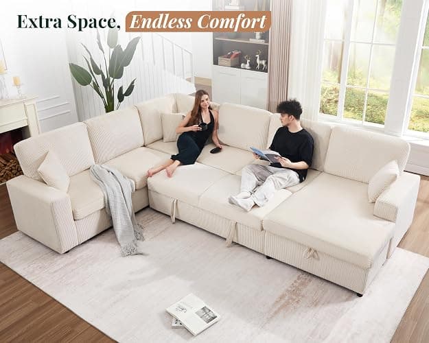 Jocisland Oversized Sofa Bed, 130" Sleeper Sofa, Pull Out Sleeper Couch with Storage, Convertible 6-Seater Sofa Bed for Living Room, Corduroy Beige Couch thumbnail 2