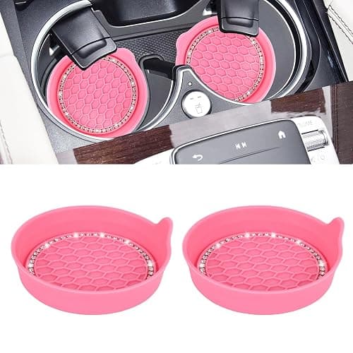 Amooca Car Cup Coaster Universal Non-Slip Cup Holders Bling Crystal Rhinestone Car Interior Accessories 2 Pack Peach Pink - Image 1