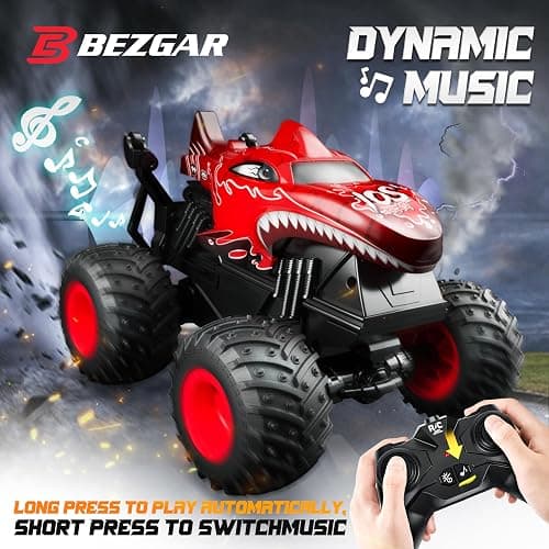 BEZGAR Monster Truck Toys - Remote Control Monster Truck with Light & Music, Dinosaur Toys for Kids, 1:20 Scale RC Truck with 360° Spins and Drifting, Remote Control Car for Boys 4-7 Red thumbnail 6