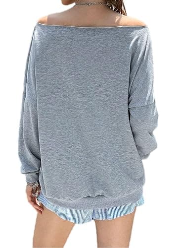 Remidoo Womens Off Shoulder Sweatshirt Drop Shoulder Oversized Long Sleeve Pullover Top thumbnail 2
