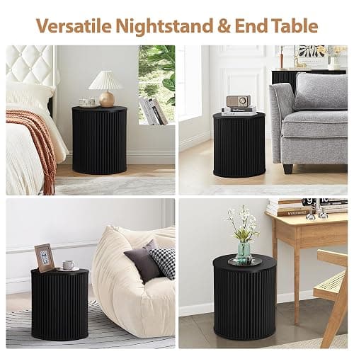 AVZEAR Small Round Side Table Fluted Night Stand Set of 2, Mid Century Modern End Table with Storage, Circle Bedside Tables Wood Nightstands for Small Spaces, Living Room, Bedroom (Black) thumbnail 5