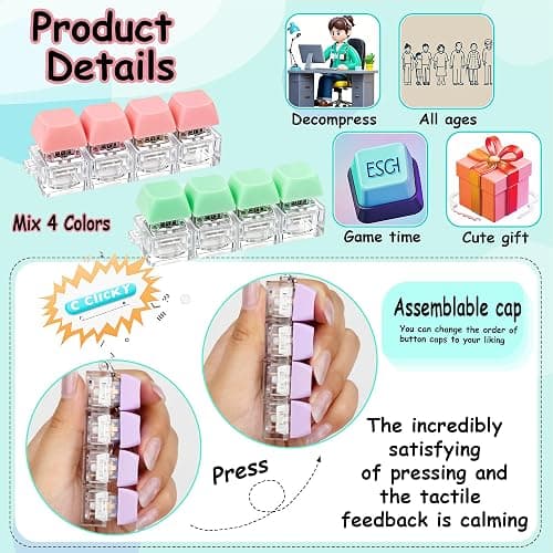 4 PCS Keyboard Fidget Toy, Keyboard Fidget Keychain 4-in-1 Keyboard Decompression Button Finger Clicker Toys, Button Stress Relief Fidget Gifts (Single Color Pink Green Blue Purple) thumbnail 4