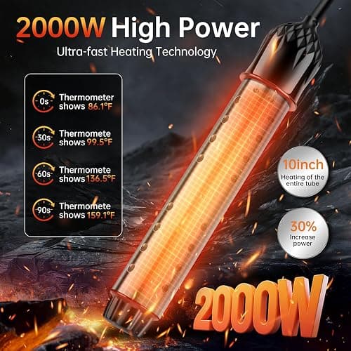 Portable Water Heater for Buckets & Tubs, 2000W Immersion Heater with Intelligent Shut-Off, Stainless Steel Guard & Digital Temperature Sensor, Fast Heating for Backyard Pools, RVs & Home Use thumbnail 2