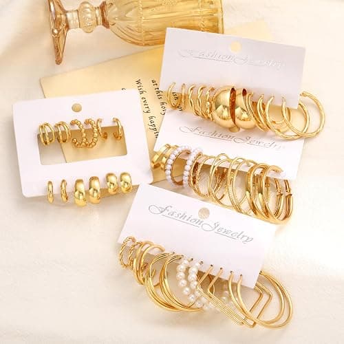 42 Pairs Gold Hoop Earrings Set for Women, Fashion Chunky Pearl Earrings Multipack Twisted Statement Earring Pack, Hypoallergenic Small Big Hoops Earrings for Birthday Party thumbnail 6