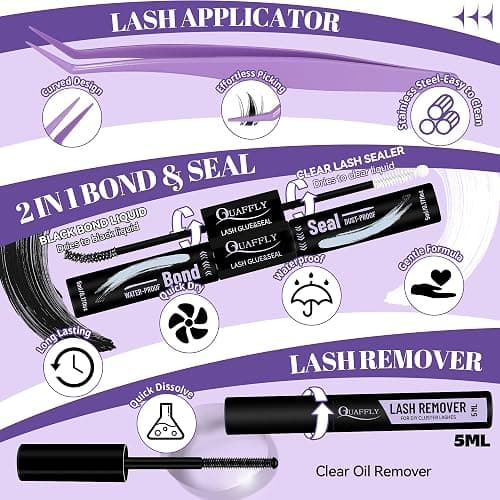 QUAFFLY Lash Clusters Kit Multiple Styles Mixed Length Eyelash Set Includes 2 Lash Bond and Seal & 2 Lash Remover 1 Tweezers For DIY Lash Extensions Kit At Home thumbnail 8