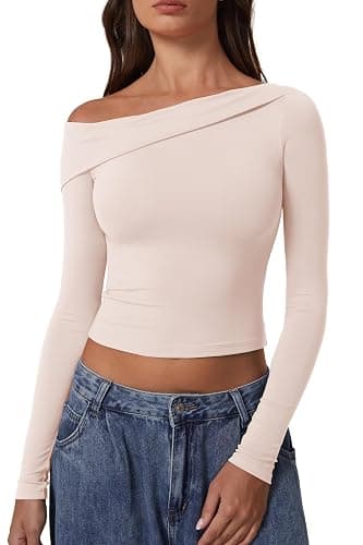 QINSEN Women Long Sleeve Off Shoulder Tops Trendy Double Lined Going Out Shirt for Fall - Image 1