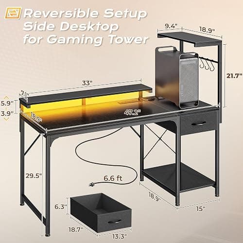 PRAISUN 47.2 Inch Gaming Desk with LED Lights & Power Outlets | Computer Desk with Drawer & Storage Shelves, Office Writing Desk with Monitor Stand for Work from Home, Black thumbnail 3