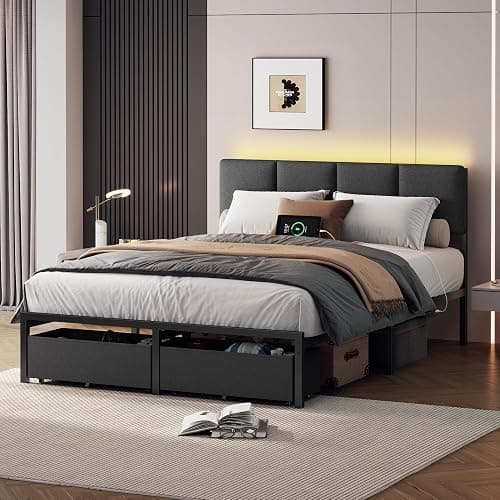 Furnulem Full Size Bed Frame with Headboard, Upholstered Full Bed Frame with LED Light, USB Charging Station, Platform Bedframe with 2 Fabric Underbed Storage Drawers, No Spring Box Needed thumbnail 5