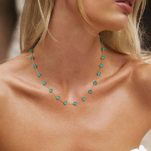 LADYGD Created Turquoise Beaded Choker Necklace for Women | 14K Gold Or Silver Plated Brass, Multiple Stone Shapes, 15-15.7 in Plus 2 in Extender, Summer Western Styling thumbnail 2