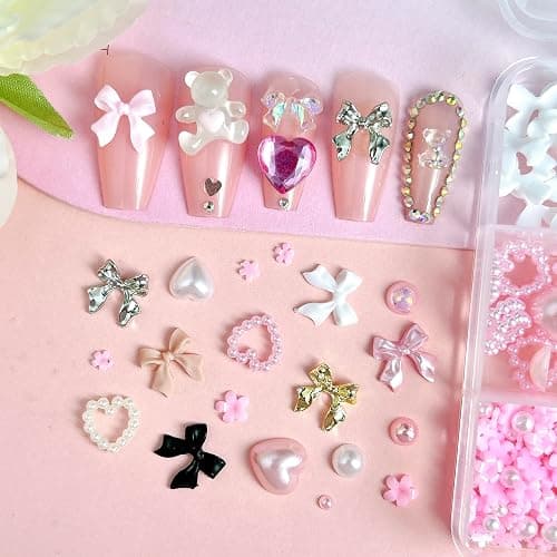 Gold Bow Nail Charms Kit, Cute Pink Flowers Bows 3D Nail Charms for Nails Decoration, White Flatback Pearls Heart Nail Art Jewels for Women Manicure DIY Crafts Accessories thumbnail 2
