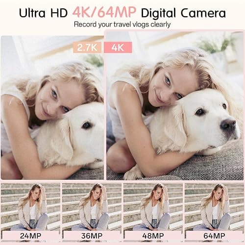 Fansbe Smart Digital Camera, 4K Vlogging Camera with 64MP, Point and Shoot Digital Cameras with 18X Zoom, Anti-Shake, Mode Dial, 32GB SD Card, Card Reader, Charger, Compact Small Cameras, Pink thumbnail 2