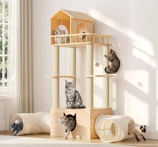 Homiflex Wood Cat Tree with 2 Tunnels, 61''H Pine Wood Cat Tower for Adult Cats, Sturdy & Durable Pet Climbing Systems for Indoor, Multi-Level Wooden Tower with Scratching Posts, Runway, Burlywood - Image 1