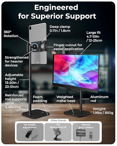 COOPER TabStand, 20" Tall iPad Stand for Desk, Portable Monitor Holder up to 17" Holds 4.4lb, Desktop Tablet Stand, Tablet Mount, Apple iPad Holder for Desk, for Samsung, Kindle, Fire (Night Black) thumbnail 7
