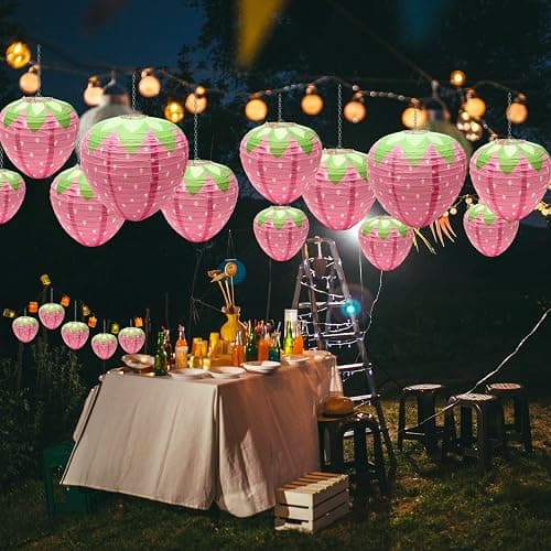 4 PCS Strawberry Paper Lantern Pink, Windspeed Large Strawberry Lantern Decorations Hanging Paper Lantern for Strawberry Party Decor 3D Strawberry Paper Lanterns 8 inch, 12 inch thumbnail 2