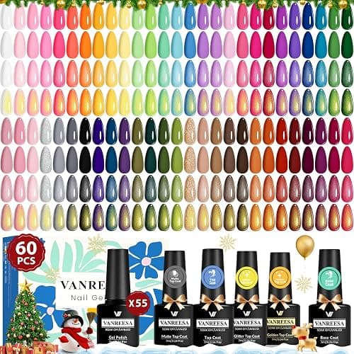 VANREESA 60 Pcs Gel Nail Polish Set 55 Colors Spring Summer Fall Winter Gel Polish with Base Coat Glossy & Matte & Silver & Golden Top Coat Nail Kit Gifts for Women Girls Nail Art Salon at Home - Image 1
