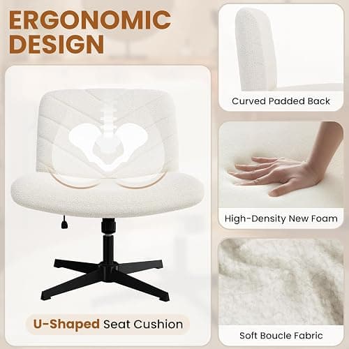 Yaheetech Wide Seat Cross Legged Office Chair, Adjustable Armless Office Chairs with No Wheels, Vanity Chair Criss Cross Chair Swivel Computer Chairs, Ivory thumbnail 6