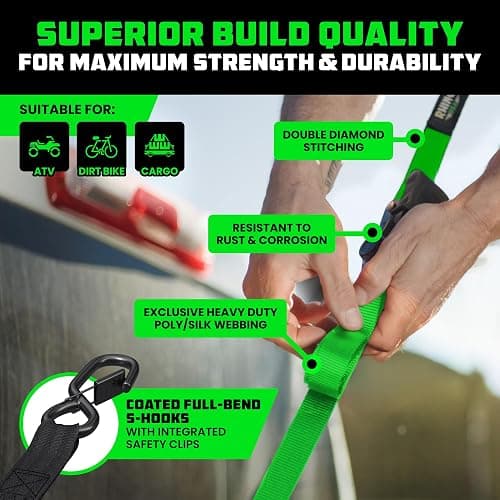 Rhino USA Ratchet Straps Tie Downs (4-Pack) - 1 Inch x 15 Feet (1,823lb Break Strength) - Ultimate Tie Down Straps with Safety S Hooks - for Trucks, Cargo, Moving, Appliances - Green thumbnail 3