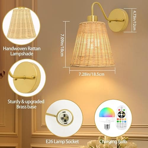 Rattan Battery Operated Wall Sconces set of Two,Rechargeable Wall Sconces with 5000mAh Dimmable Bulb and Remote,LED 12 Colors Boho Wall Lighting with Remort for Bedroom Living Room Hallway Wall Decor thumbnail 6