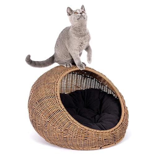 D+GARDEN Wicker Cat Bed Dome for Medium Indoor Cats - a Covered Cat Hideaway Hut of Faux Rattan Houses Pets in Dome Basket, Washable thumbnail 3