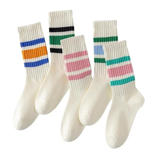 DarkCom Striped Crew Socks 5 Pairs Seamless Toe for Men and Women, Color of Light Cream, Casual Comfort - Image 1