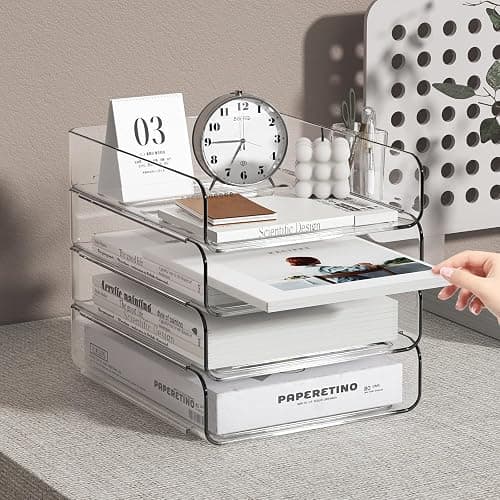 FANXIYQ 4-Tier Acrylic Paper Tray Organizer with Pen Holder | Clear Stackable Desk Organizer for Documents, Letters, A4 Paper | Modern Office/Classroom/Home Organization thumbnail 6