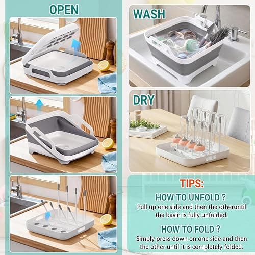 Yecuip Collapsible Wash Basin for Baby Bottles with Drying Rack – 2.4 Gallon Foldable Dish Tub with Handles, Portable RV Camping Sink & Space-Saving Wash Bin with Lid for Kitchen, Travel & Outdoor thumbnail 9
