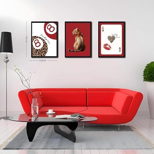 Framed Trendy Leopard Wall Art Set of 3, Red Funky Preppy Cheetah Wall Decor Paintings, Lucky 8 Aesthetic Room Decor Prints Pictures for Girls Bedroom Apartment Dorm 12x16 Inch Black Frame thumbnail 3