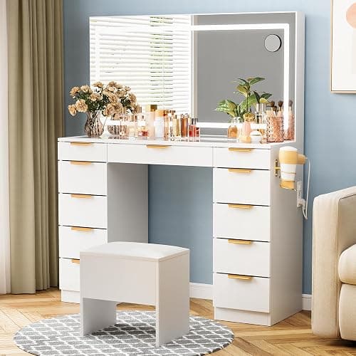 Pamapic Glass Top Vanity Desk with Mirror and Lights, 11 Drawers Makeup Vanity with Charging Station and Chair, Golden Handles Dressing Table, 3 Lighting Modes Makeup Table, White thumbnail 5
