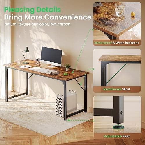 Huuger Computer Desk, 55 Inch Home Office Desk, Gaming Writing Work from Home Study Desk, Large Legroom, Sturdy Metal Frame, Modern Simple, Rustic Brown thumbnail 5