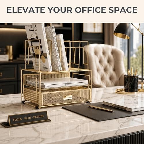 BLU MONACO | Gold Desk Organizer With Drawer | Metal Mesh File Holder & Vertical File Organizer | Desktop Storage for Office Supplies, Papers & Folders | 9.3" D x 13" W x 14" H thumbnail 4