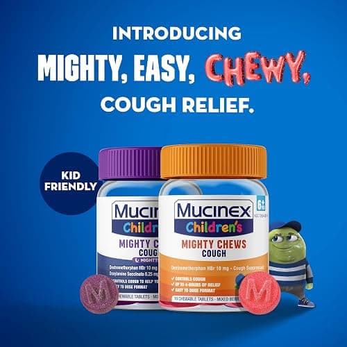 Mucinex Children's Mighty Chews Kids Cough Medicine Daytime And Nighttime Value Pack, Easy to Dose Cough Suppressant For Kids with Dextromethorphan, Mixed Berry Flavor, 32 Medicated Chewable Tablets thumbnail 2