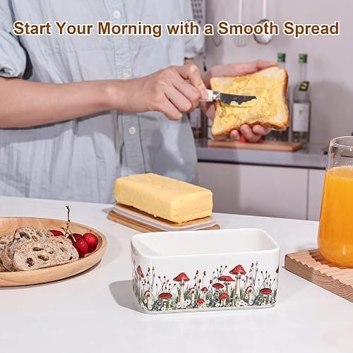 Fungi Fun Ceramic Mushroom Butter Dish with Lid and Knife, Cute Butter Dish for Countertop and Fridge, Ceramic Container for Countertop with Lid and Selicon Seal, Ideal for Mushroom Kitchen Decor thumbnail 2