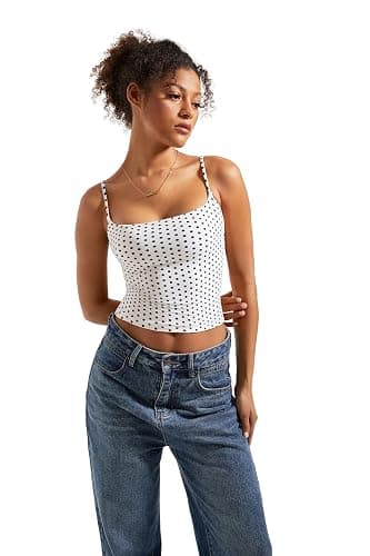 SUUKSESS Women Sexy Square Neck Tank Top Summer Y2K Going Out Basic Cami Shirt - Medium - White Polka Dots thumbnail 2