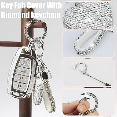 YIKECASE Key Fob Cover with Diamond Keychain Car Key Holder Compatible with Hyundai Kona Santa Fe Palisade Elantra GT Veloster Smart Remote Protector for Women, 4 Buttons (Silver-Heart) thumbnail 3
