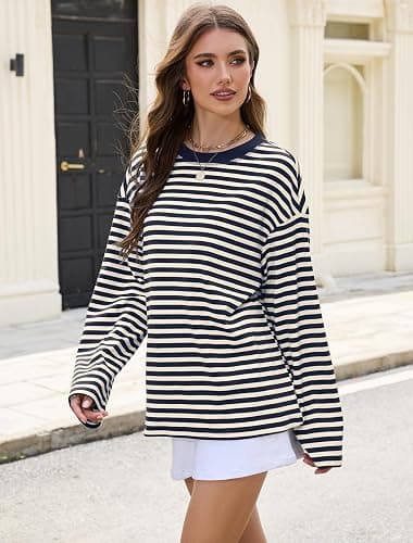 IWD Womens Striped Long Sleeve Shirts Y2k Oversized Drop Shoulder Sweatshirt Crewneck Color Block Pullover Tops thumbnail 4