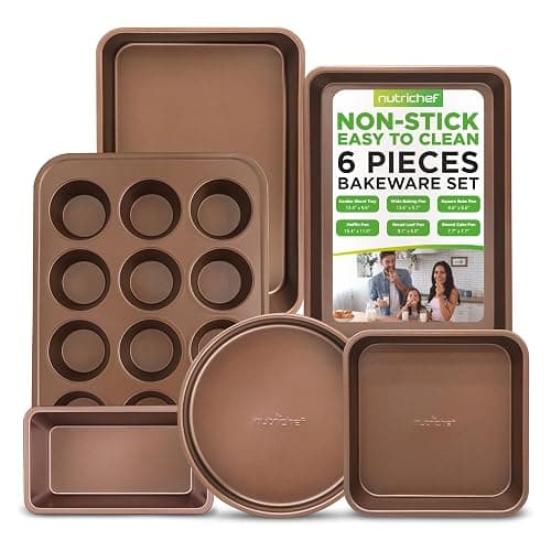NutriChef 6-Piece Nonstick Bakeware Set, Carbon Steel Baking Pans Set, Includes Cookie Sheets, Wide & Square Bake Pans, Bread Loaf & Round Cake Pan, Muffin Pan - Gold - Image 1