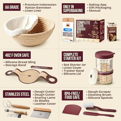 Superbaking Sourdough Starter Kit, 9" Splinter-Free Banneton Bread Proofing Basket Set with Non-Stick Silicone Dough Sling & Glass Starter Jar Kit, Sourdough Bread Baking Supplies, Sourdough Tools thumbnail 3