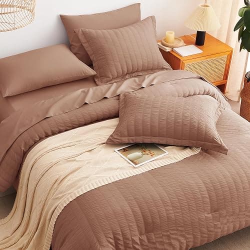 CozyLux Queen Comforter Set Mocha Mousse Seersucker 7 Pieces Bed in a Bag Queen Comforter Set with Sheets, Luxury Bedding Sets with Down Alternative Comforter, Sheets, Pillowcases & Shams All Seasons thumbnail 6