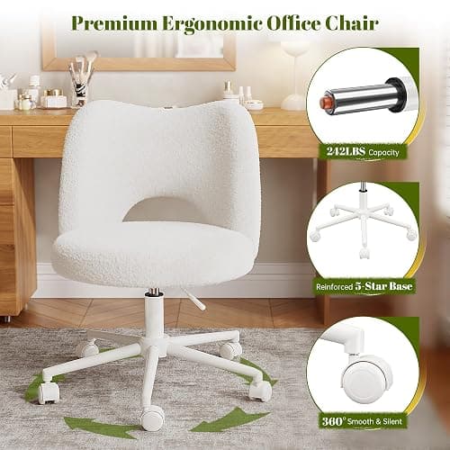 DurayLoly Vanity Chair with Open Back & Wheels White | Swivel, Fluffy Teddy Fabric, Height Adjustable,300lbs for Makeup Room, Vantiy, Bedroom thumbnail 6
