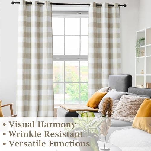 Buffalo Plaid Full Blackout Window Curtains 84 Inches Long Checkered Grommet Panels Farmhouse Geo Energy Efficient Drapes Noise Reducing Thermal Window Treatment Set for Bedroom Tan White,40"x84"x2 thumbnail 9